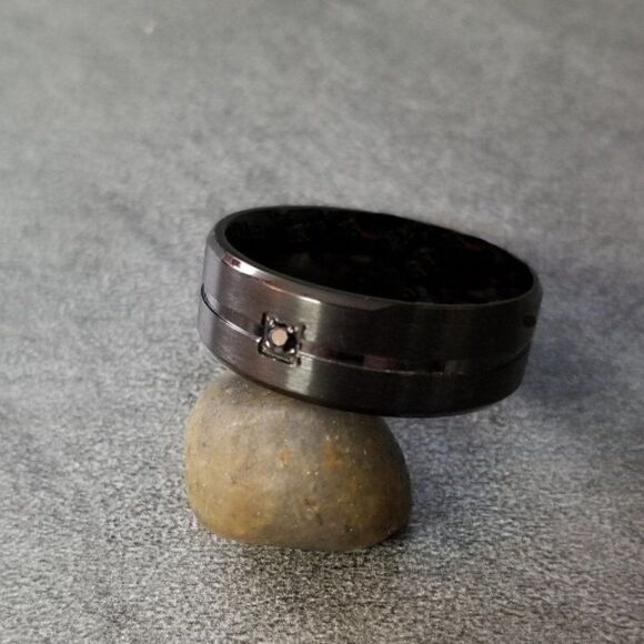 Matte Black Grooved With Black Jewel Wedding Ring Band - Wedding Ring For Him - Picture 2 of 5